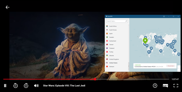 NordVPN работает с Netflix USA Star Wars Последний джедай