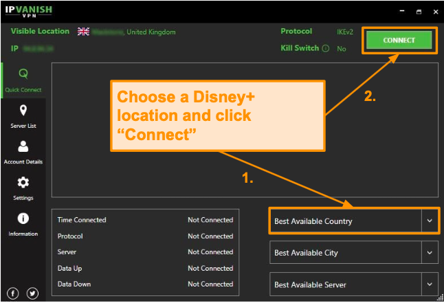 Просто выберите страну Disney + и нажмите «Подключиться к IPVanish».