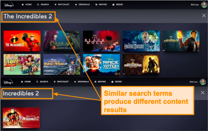 Невероятные 2 и Невероятные 2 дают разные результаты поиска на Disney +.