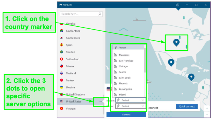 Интерфейс NordVPN для выбора сервера.