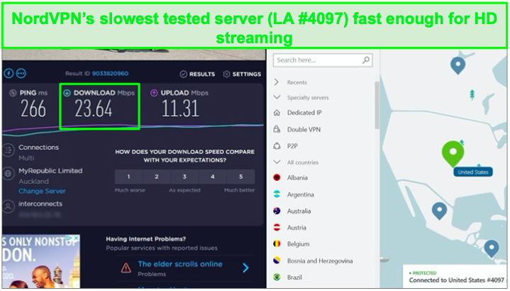 Тест скорости на серверах NordVPN.