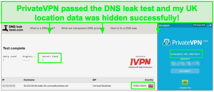 Проверка утечки DNS с помощью PrivateVPN.
