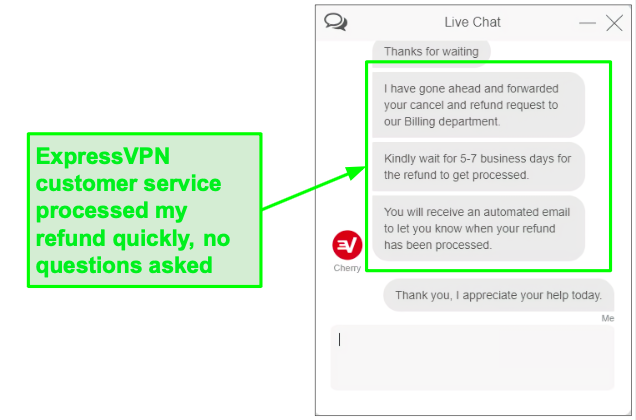 ExpressVPN полный возврат через службу поддержки в чате.