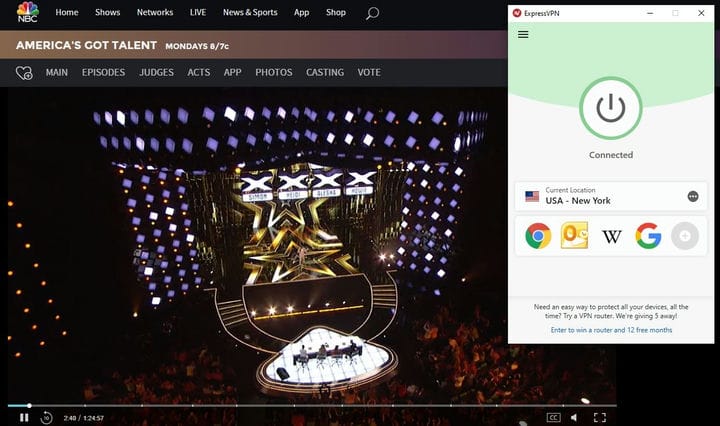 Изображение эпизода «Not's America Got Talent» с ExpressVPN, подключенным к американскому серверу