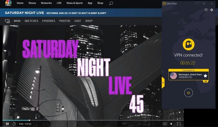 Снимок экрана Saturday Night Live, играющего на NBC с подключением CyberGhost