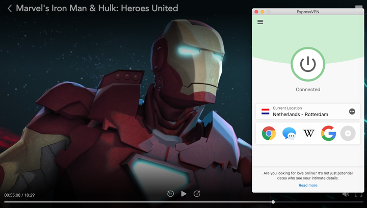 Снимок экрана: Marvel's Iron Man и Hulk: Heroes United на Disney Plus с ExpressVPN, подключенным к серверу в Нидерландах