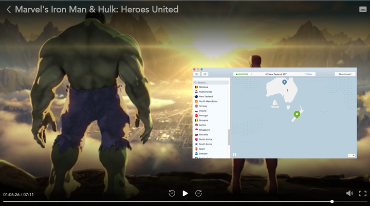 Снимок экрана: Marvel's Iron Man и Hulk: Heroes United на Дисней Плюс с NordVPN, подключенным к серверу в Новой Зеландии