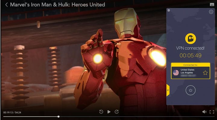 Снимок экрана: "Железный человек и Халк" от Marvel: Heroes United на Disney Plus с подключением CyberGhost VPN к серверу в Соединенных Штатах