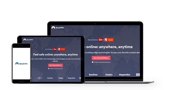 изображение домашней страницы nordvpn на экранах мобильных устройств, планшетов и ноутбуков