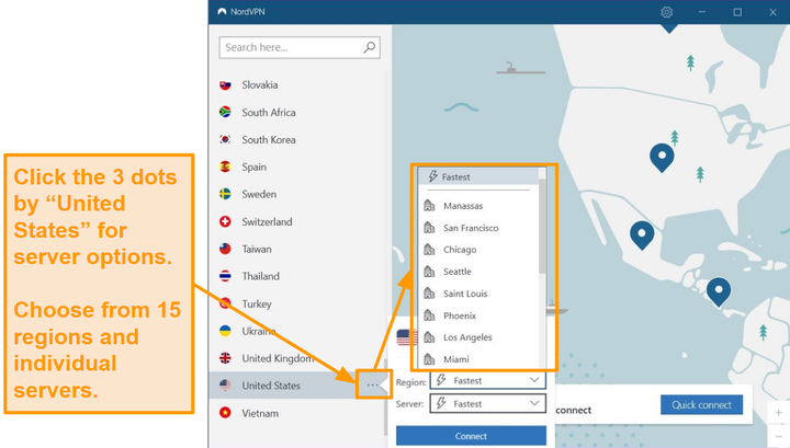 Снимок экрана самых быстрых серверных опций NordVPN для регионов и серверов
