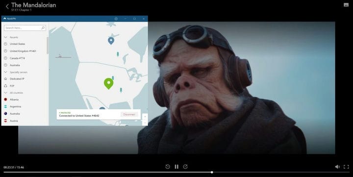 снимок экрана мандалорца, играющего на дисне плюс плюс с nordvpn подключенным к серверу сша